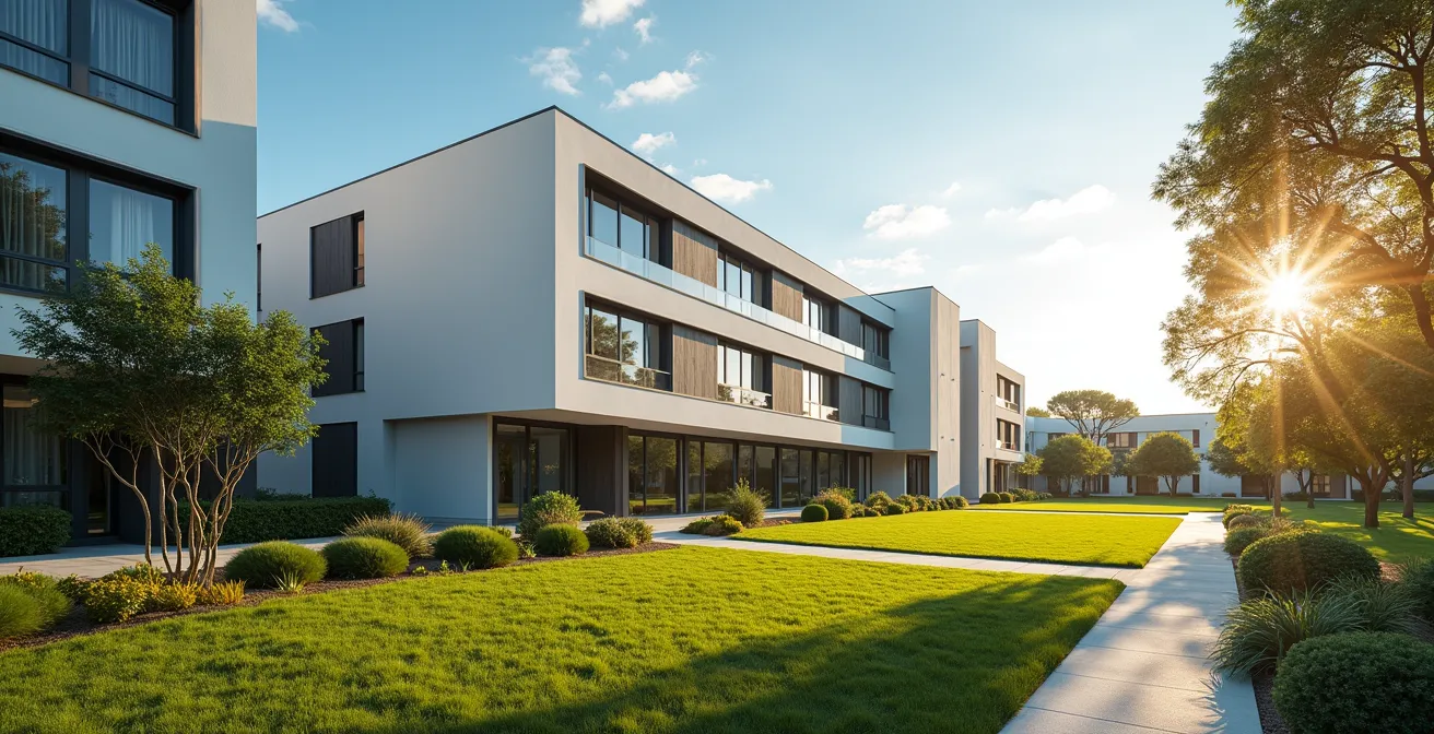 Vue architecturale d'une résidence senior moderne avec jardins paysagers