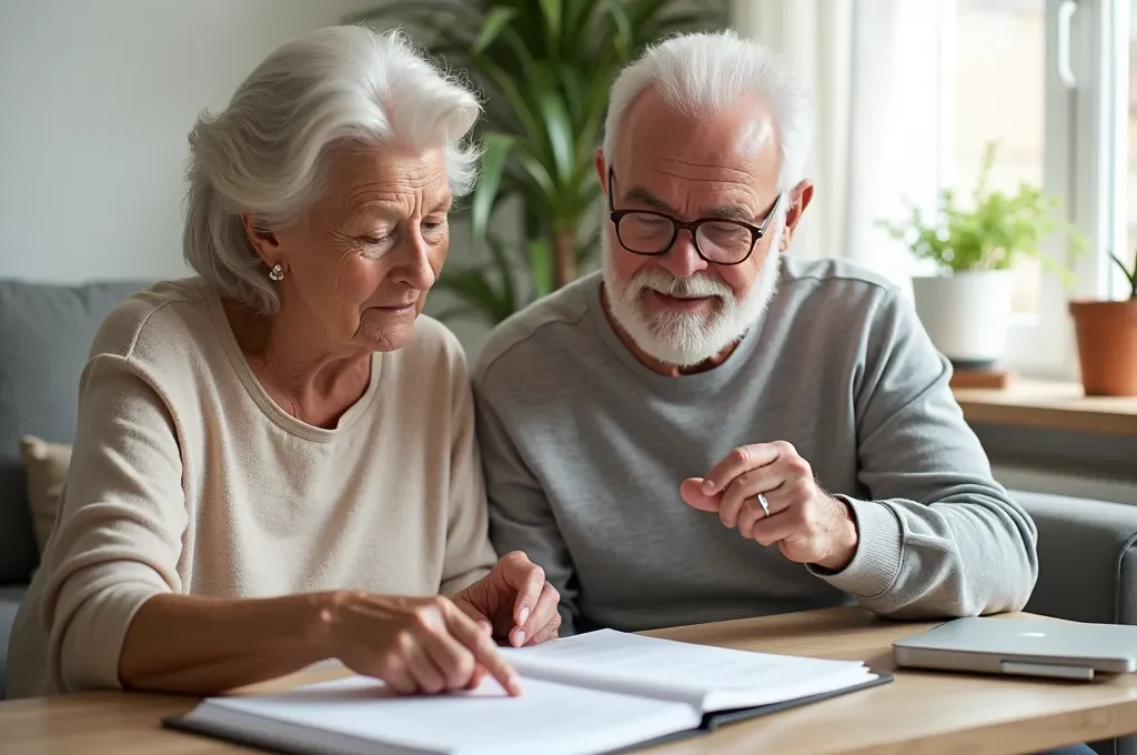 Couple de seniors étudiant ensemble des documents dans un salon moderne et lumineux