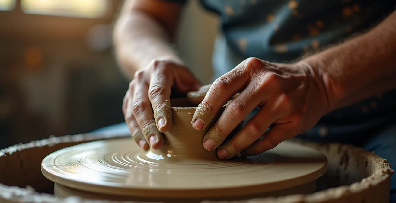Gros plan sur des mains de seniors façonnant l'argile lors d'un atelier créatif