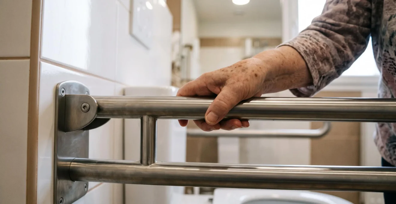 Main d'une personne âgée tenant fermement une barre d'appui en acier inoxydable installée dans une salle de bain adaptée d'EHPAD