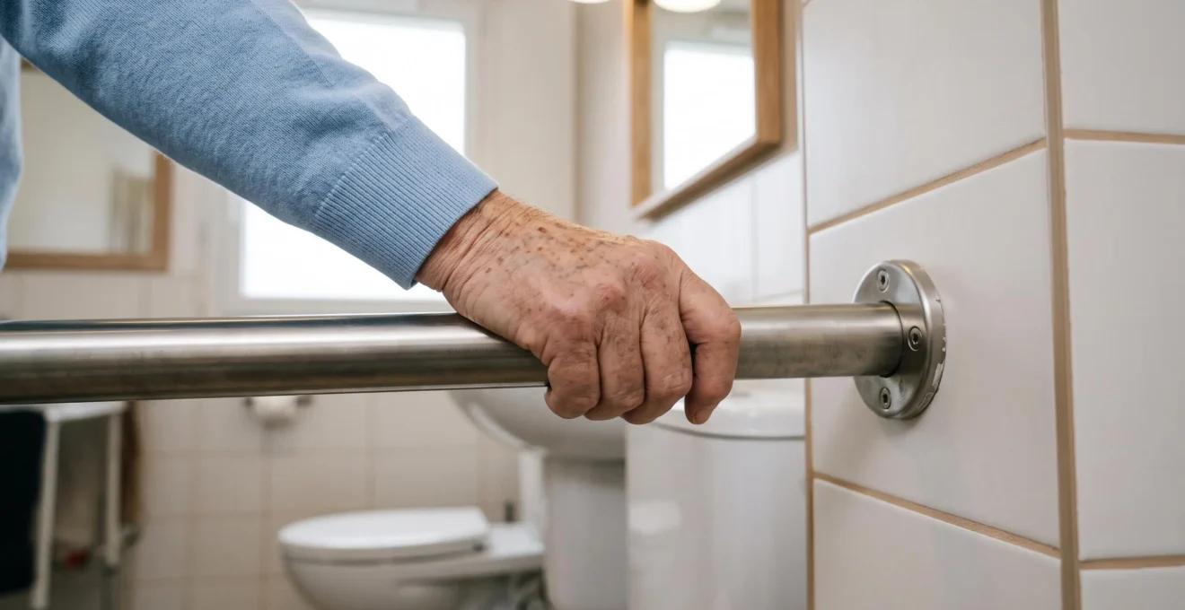 Main d'une personne âgée tenant fermement une barre d'appui en acier inoxydable installée dans une salle de bain adaptée d'EHPAD