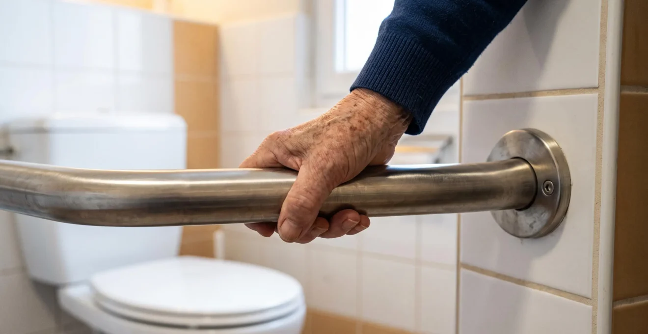 Main d'une personne âgée tenant fermement une barre d'appui en acier inoxydable installée dans une salle de bain adaptée d'EHPAD