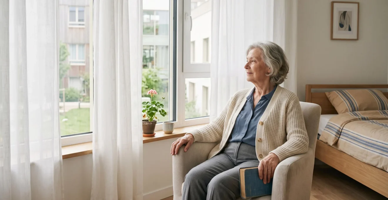Résidente âgée assise confortablement près d'une grande fenêtre avec voilages dans sa chambre d'EHPAD, baignée de lumière naturelle douce