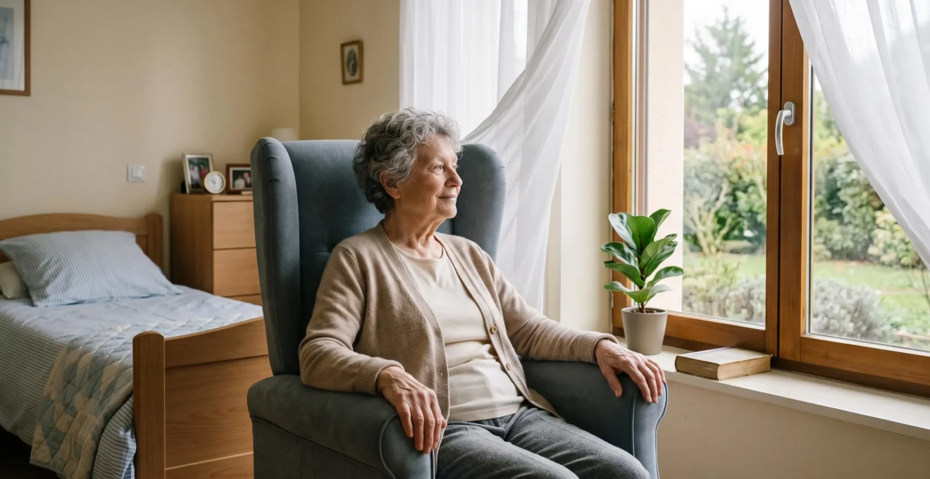 Résidente âgée assise confortablement près d'une grande fenêtre avec voilages dans sa chambre d'EHPAD, baignée de lumière naturelle douce