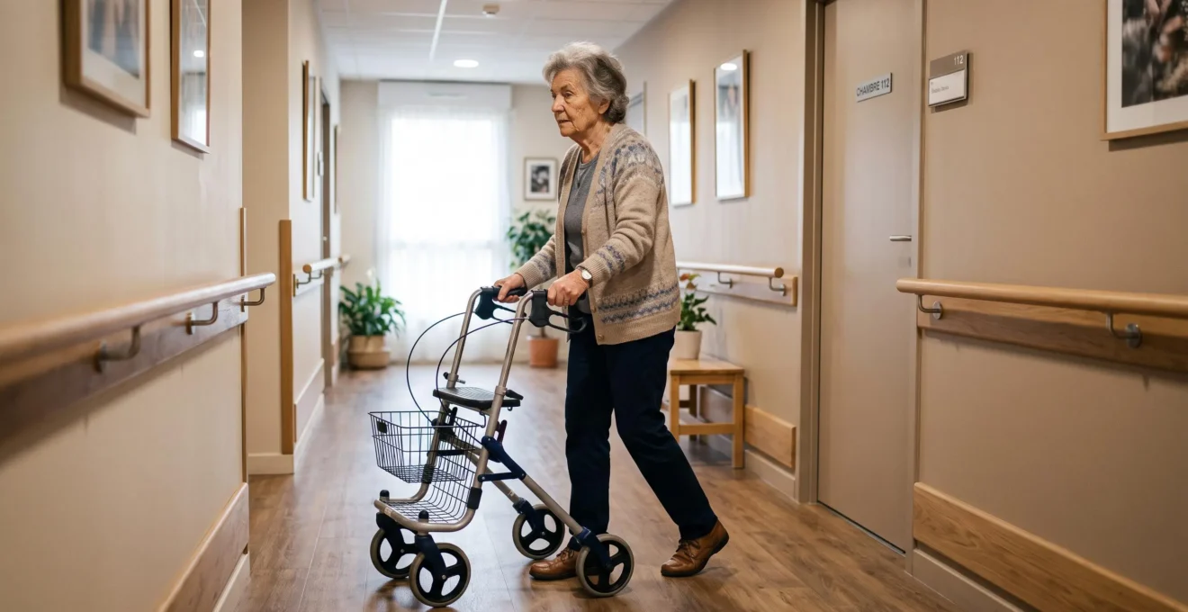 Résidente âgée marchant de manière autonome avec un déambulateur dans le couloir chaleureux d'un EHPAD français