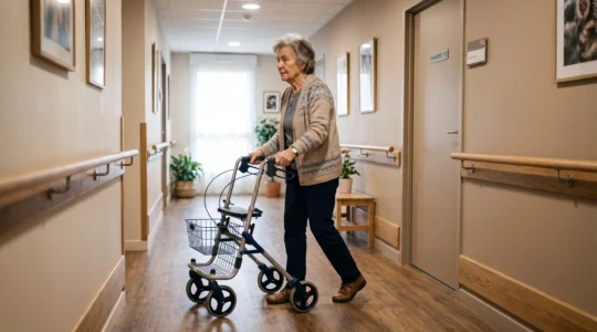 Résidente âgée marchant de manière autonome avec un déambulateur dans le couloir chaleureux d'un EHPAD français