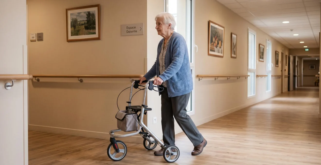 Résidente âgée marchant de manière autonome avec un déambulateur dans le couloir chaleureux d'un EHPAD français