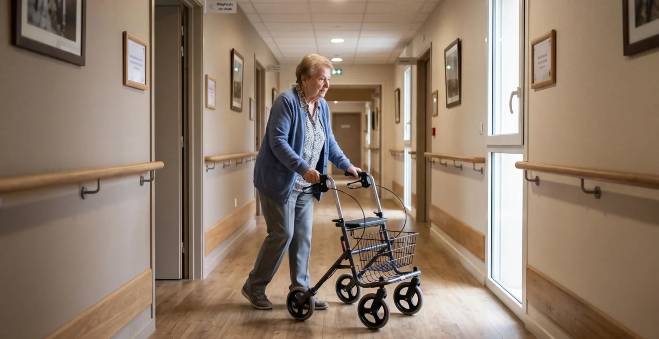 Résidente âgée marchant de manière autonome avec un déambulateur dans le couloir chaleureux d'un EHPAD français