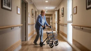 Résidente âgée marchant de manière autonome avec un déambulateur dans le couloir chaleureux d'un EHPAD français