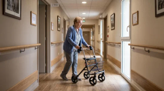 Résidente âgée marchant de manière autonome avec un déambulateur dans le couloir chaleureux d'un EHPAD français