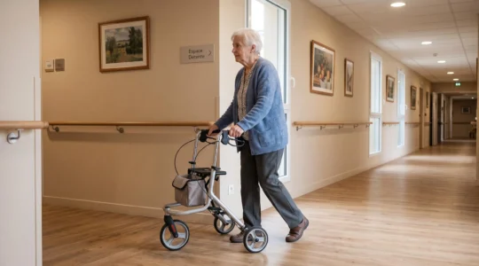 Résidente âgée marchant de manière autonome avec un déambulateur dans le couloir chaleureux d'un EHPAD français