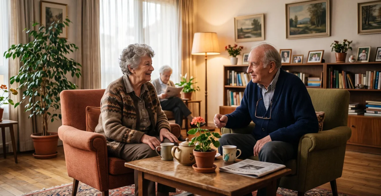 Deux résidents âgés en conversation détendue dans le salon commun chaleureux d'un EHPAD avec mobilier résidentiel et plantes