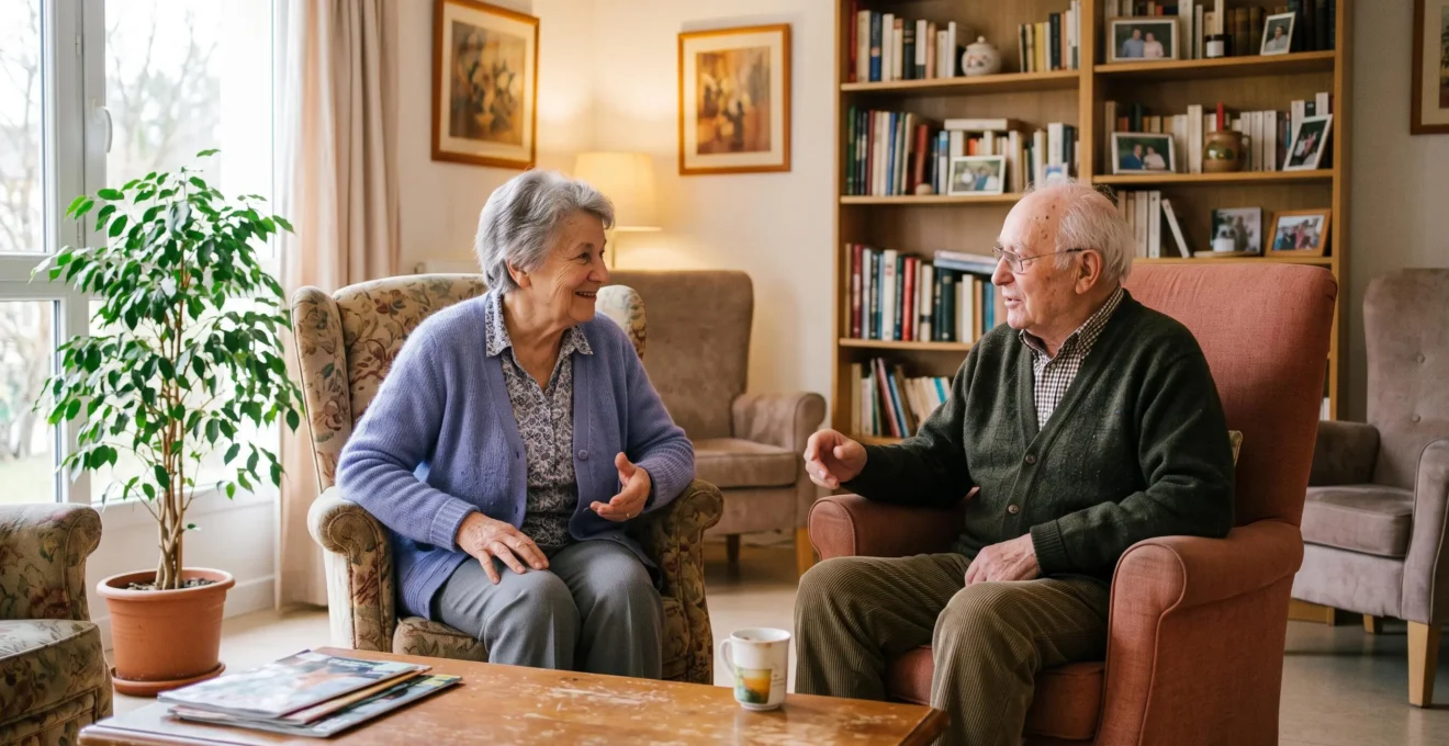 Deux résidents âgés en conversation détendue dans le salon commun chaleureux d'un EHPAD avec mobilier résidentiel et plantes